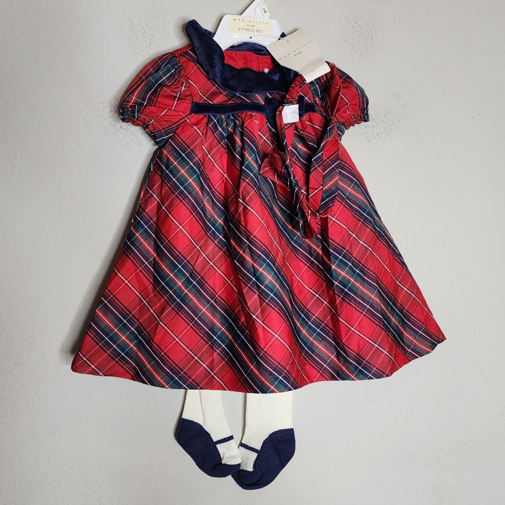 NWT Max Studio Kids 3 Piece Set Red Plaid Sateen Dress Tights Bow Size 3-6 Month